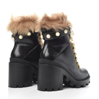 Gucci Magnum Calfskin Fur Pearl Lace Up Combat Ankle Boots 37 Black Naturale 4 of 7