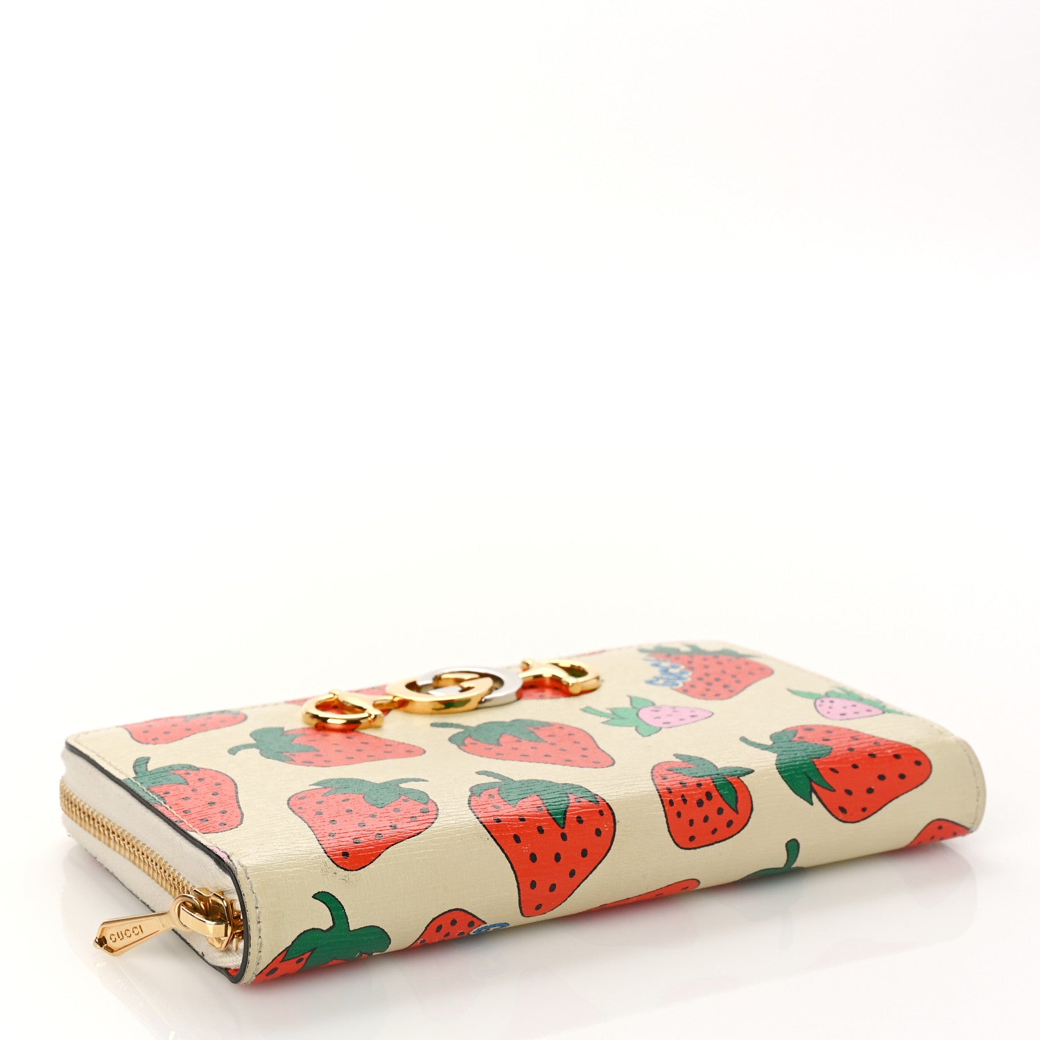 Gucci Grainy Calfskin Strawberry Zumi Zip Around Wallet Ivory Red 4 of 10