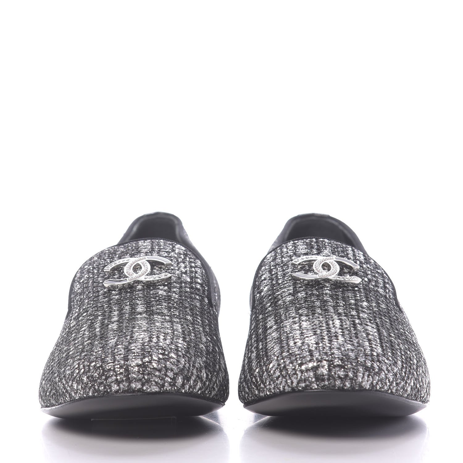 Chanel Fantasy Fabric Grosgrain CC Mocassin Loafers 37 White Black 2 of 11