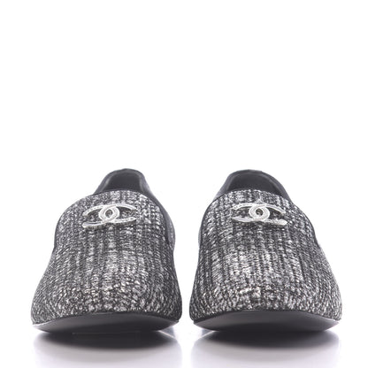 Chanel Fantasy Fabric Grosgrain CC Mocassin Loafers 37 White Black 2 of 11