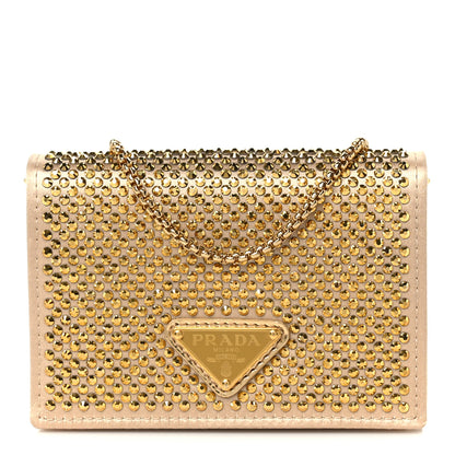 Prada Satin Crystal Metal Triangle Logo Card Holder With Strap Platino 1 of 9