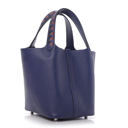 Hermes Epsom Tressage De Cuir Picotin Lock 18 PM Bleu Encre Brique Black 3 of 10