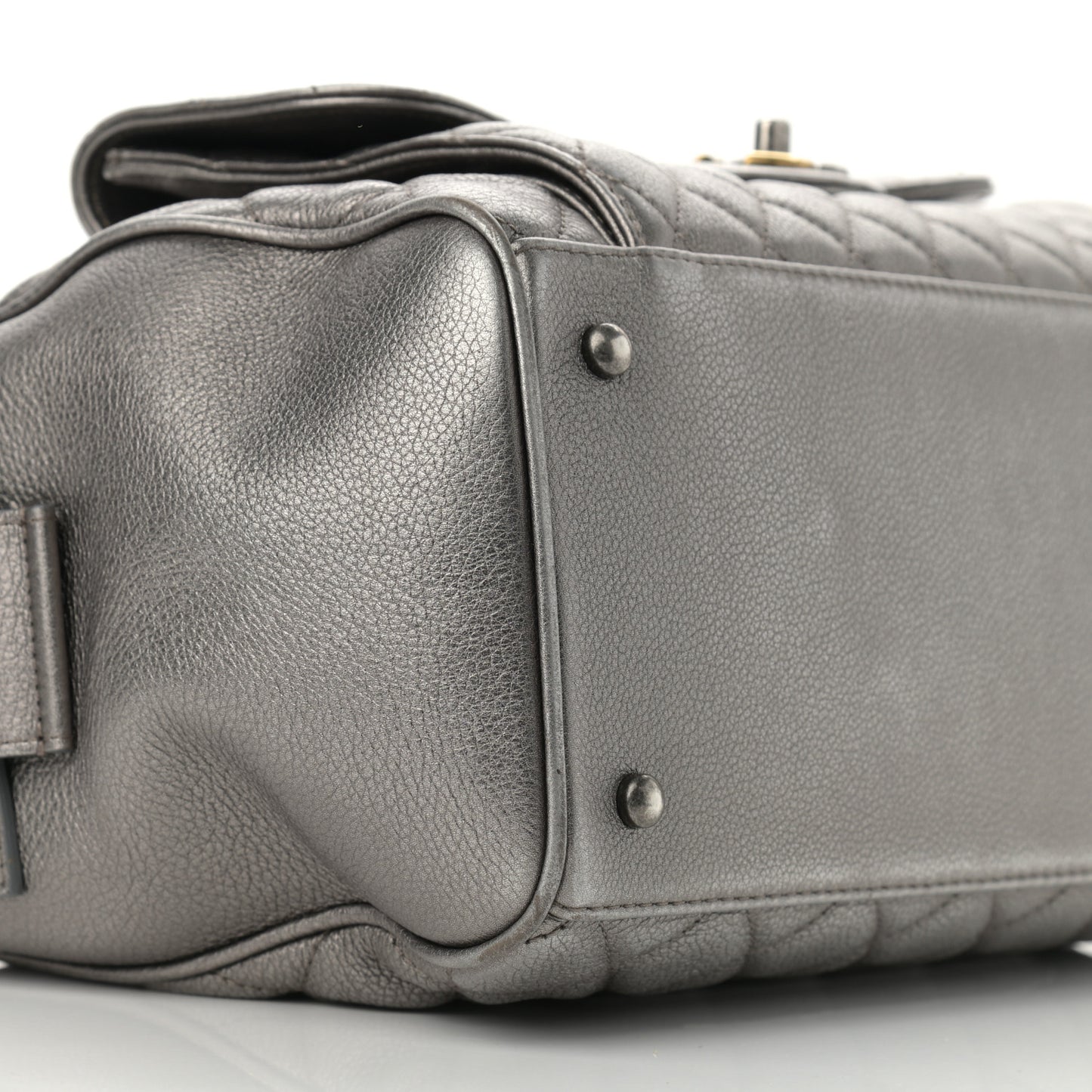 Metallic Grained Calfskin Quilted Large Casual Pocket Bowling Bag Silver