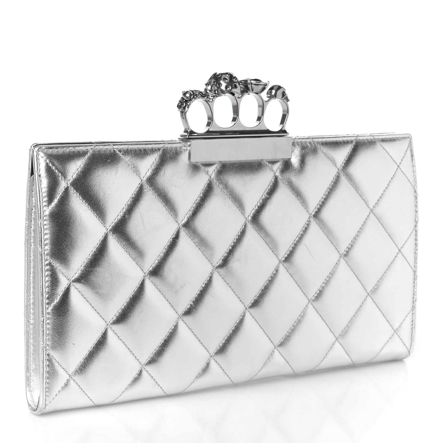Metallic Calfskin Quilted Four Ring Knuckle Flat Clutch Silver