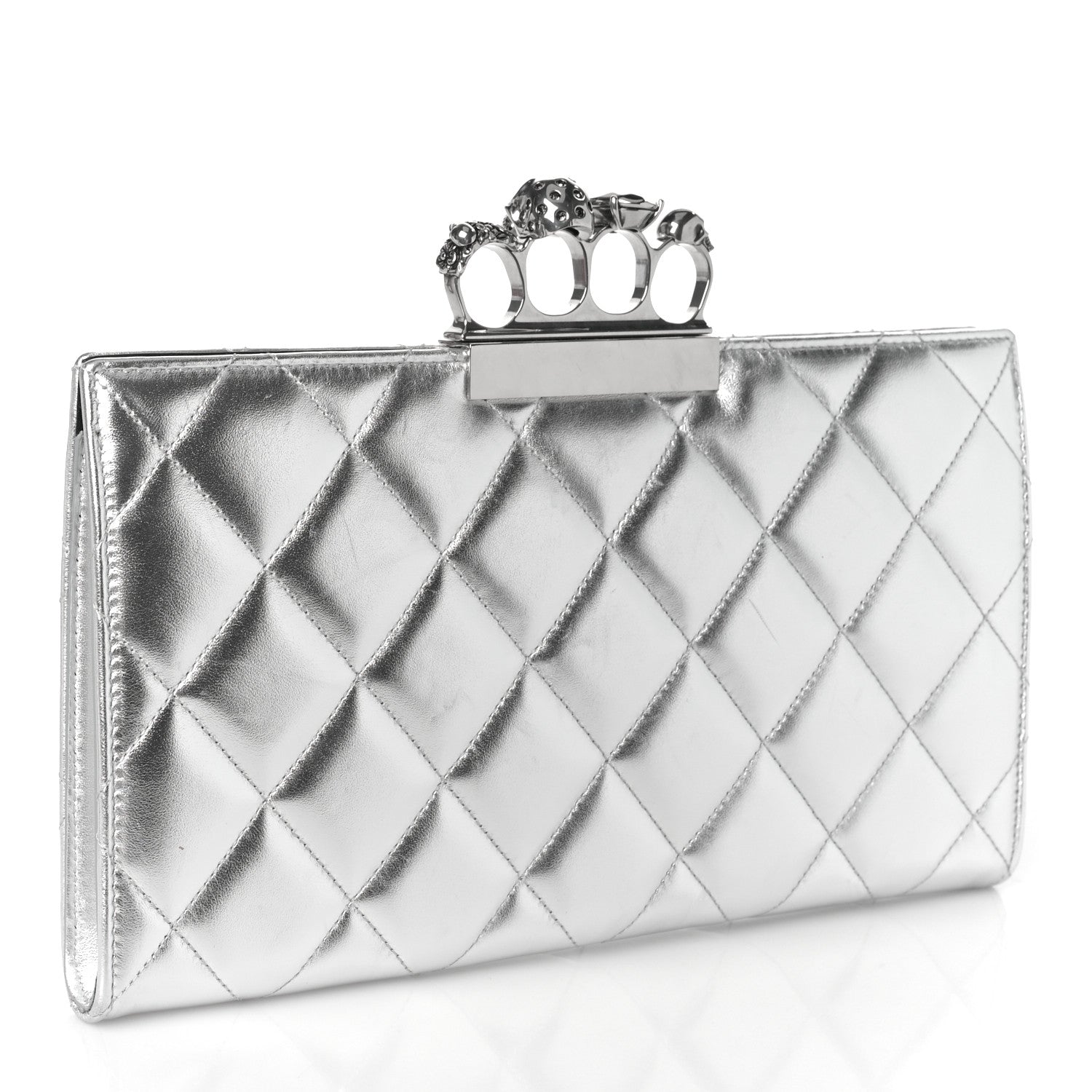 Alexander McQueen Metallic Calfskin Quilted Four Ring Knuckle Flat Clutch Silver 3 of 10