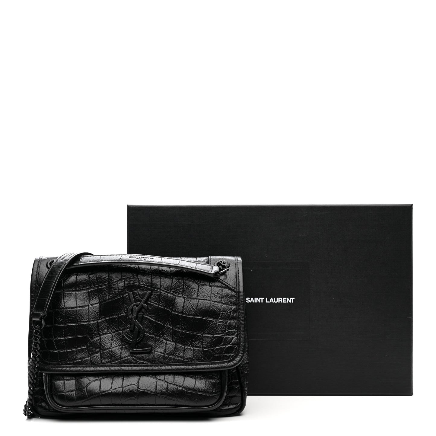 Calfskin Crocodile Embossed Matelasse Monogram Baby Niki Chain Satchel Black