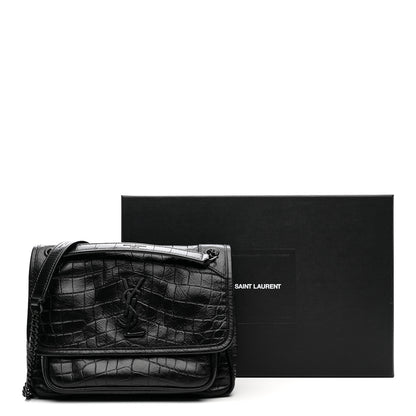 Saint Laurent Calfskin Crocodile Embossed Matelasse Monogram Baby Niki Chain Satchel Black 24 of 25