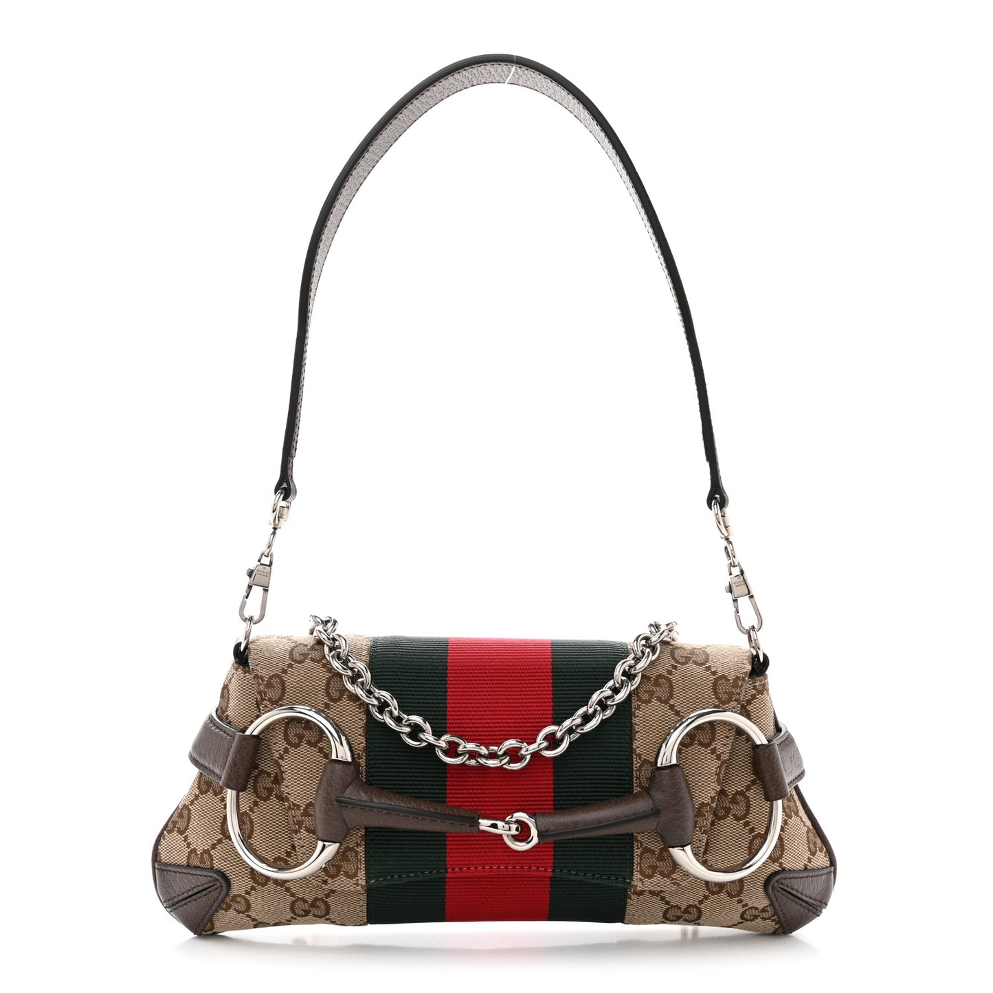Monogram Textured Dollar Calfskin Heavy Grosgrain Web Small Maxi Horsebit Chain Shoulder Bag Beige Ebony New Acero