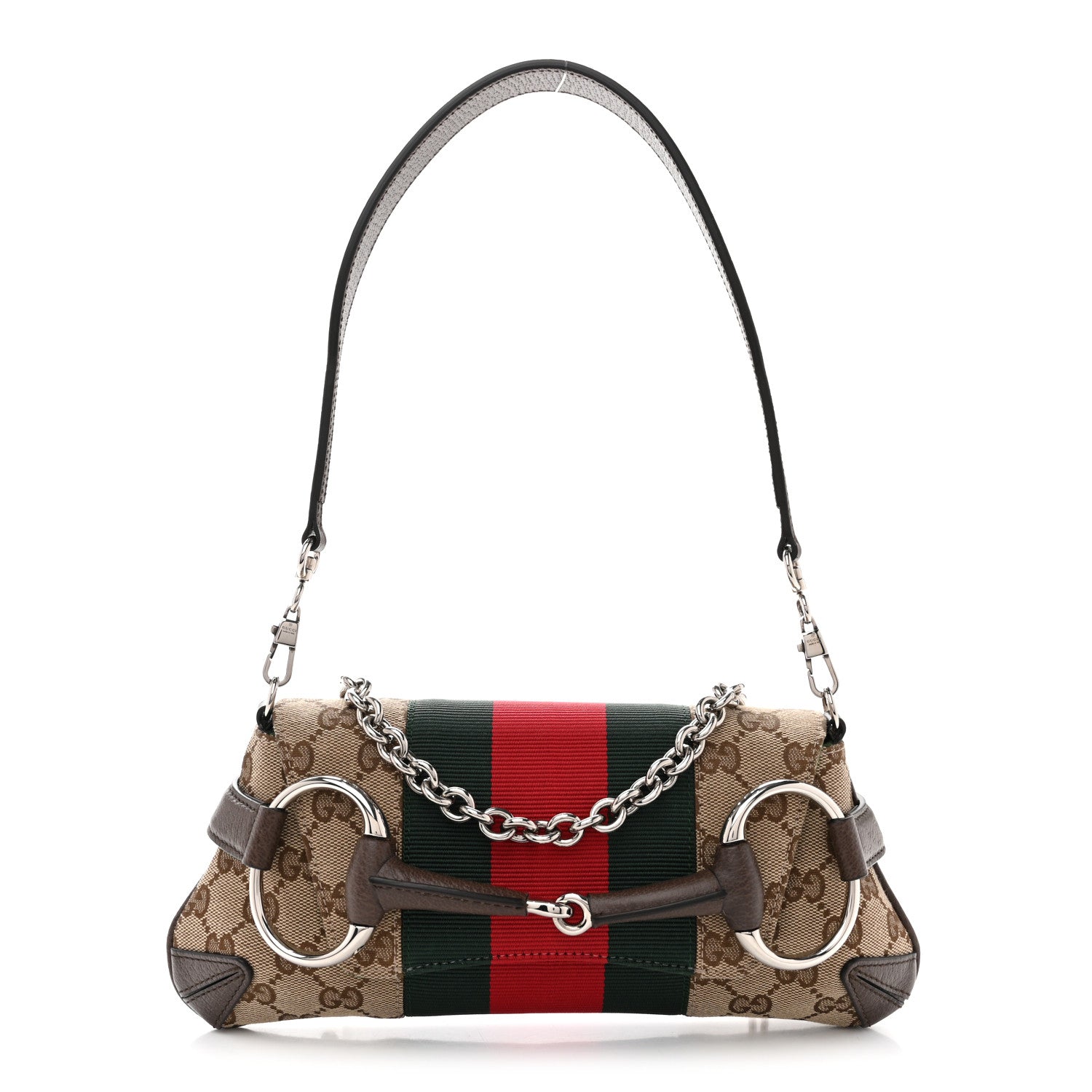 Gucci Monogram Textured Dollar Calfskin Heavy Grosgrain Web Small Maxi Horsebit Chain Shoulder Bag Beige Ebony New Acero 1 of 9