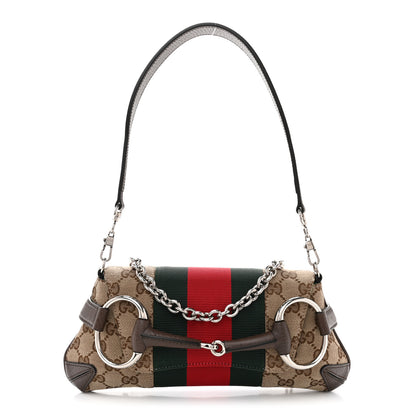 Gucci Monogram Textured Dollar Calfskin Heavy Grosgrain Web Small Maxi Horsebit Chain Shoulder Bag Beige Ebony New Acero 1 of 9
