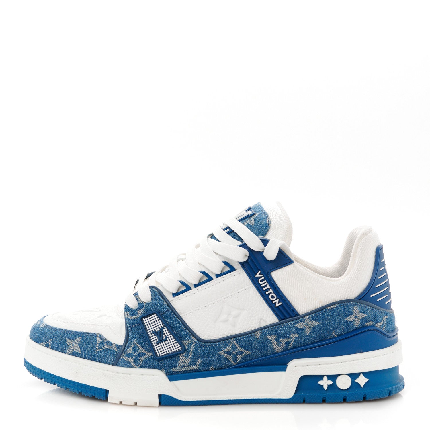 Louis Vuitton Calfskin Embossed Monogram Denim Mens LV Trainer Sneakers 7.5 Blue 1 of 9