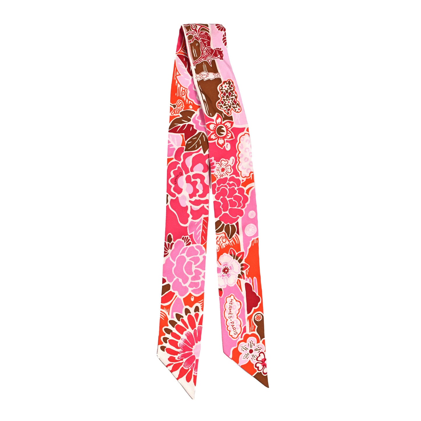 Silk Bingata Twilly Fuchsia Corail Brun