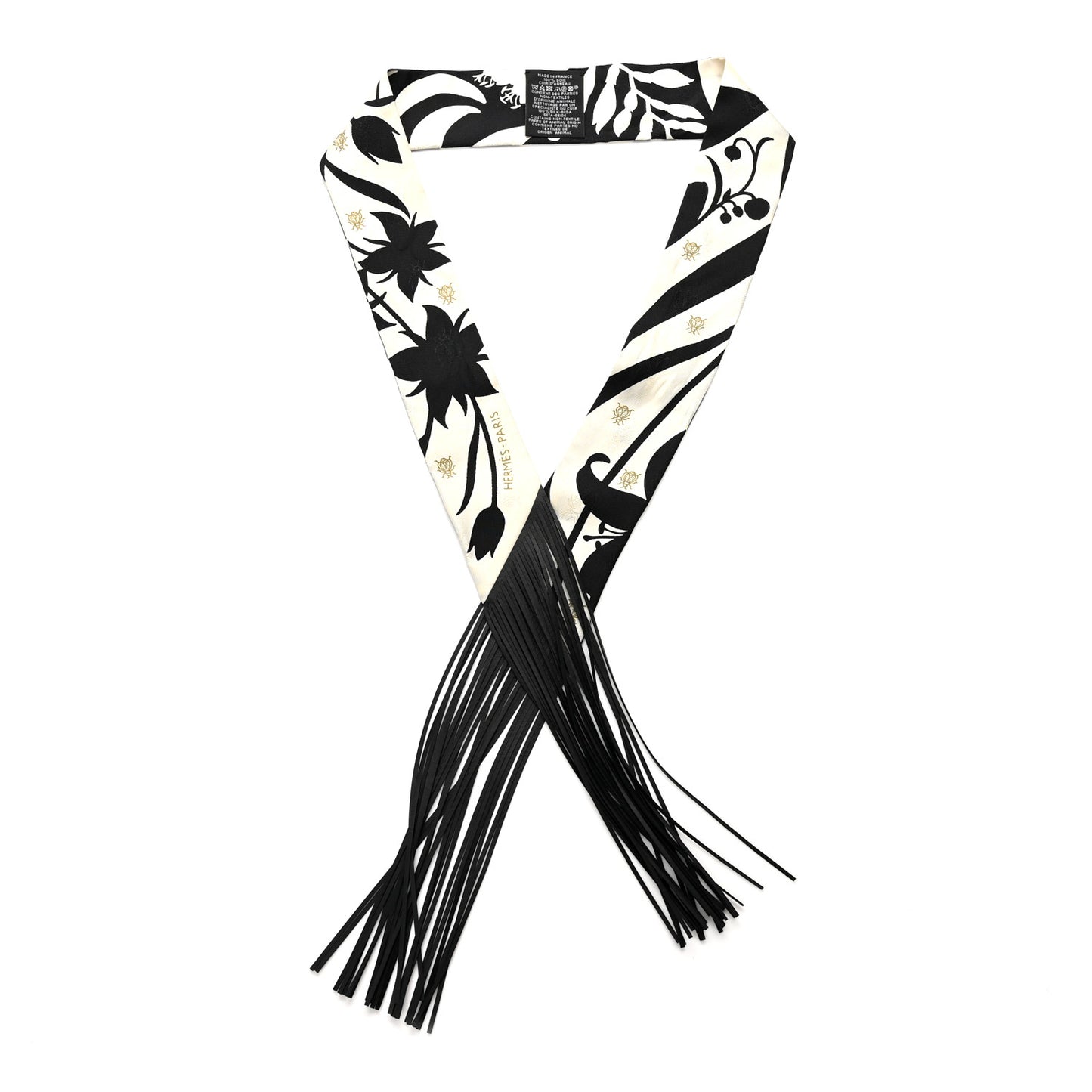 Silk Calfskin Bouquet Final Fringed Twilly Creme Black
