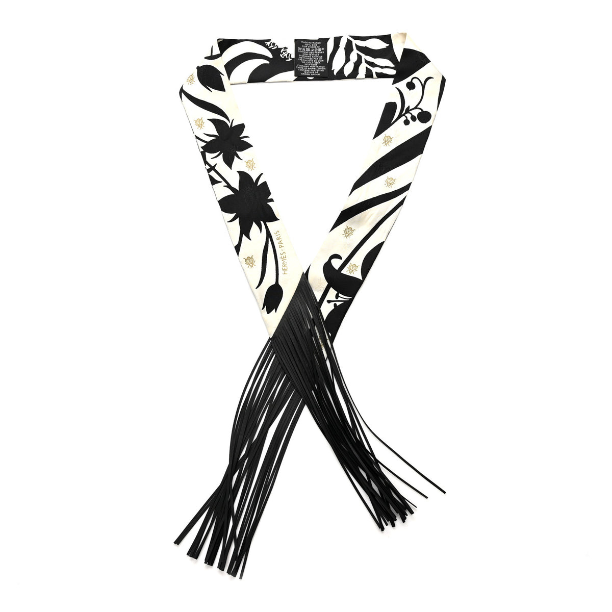 Hermes Silk Calfskin Bouquet Final Fringed Twilly Creme Black 1 of 5