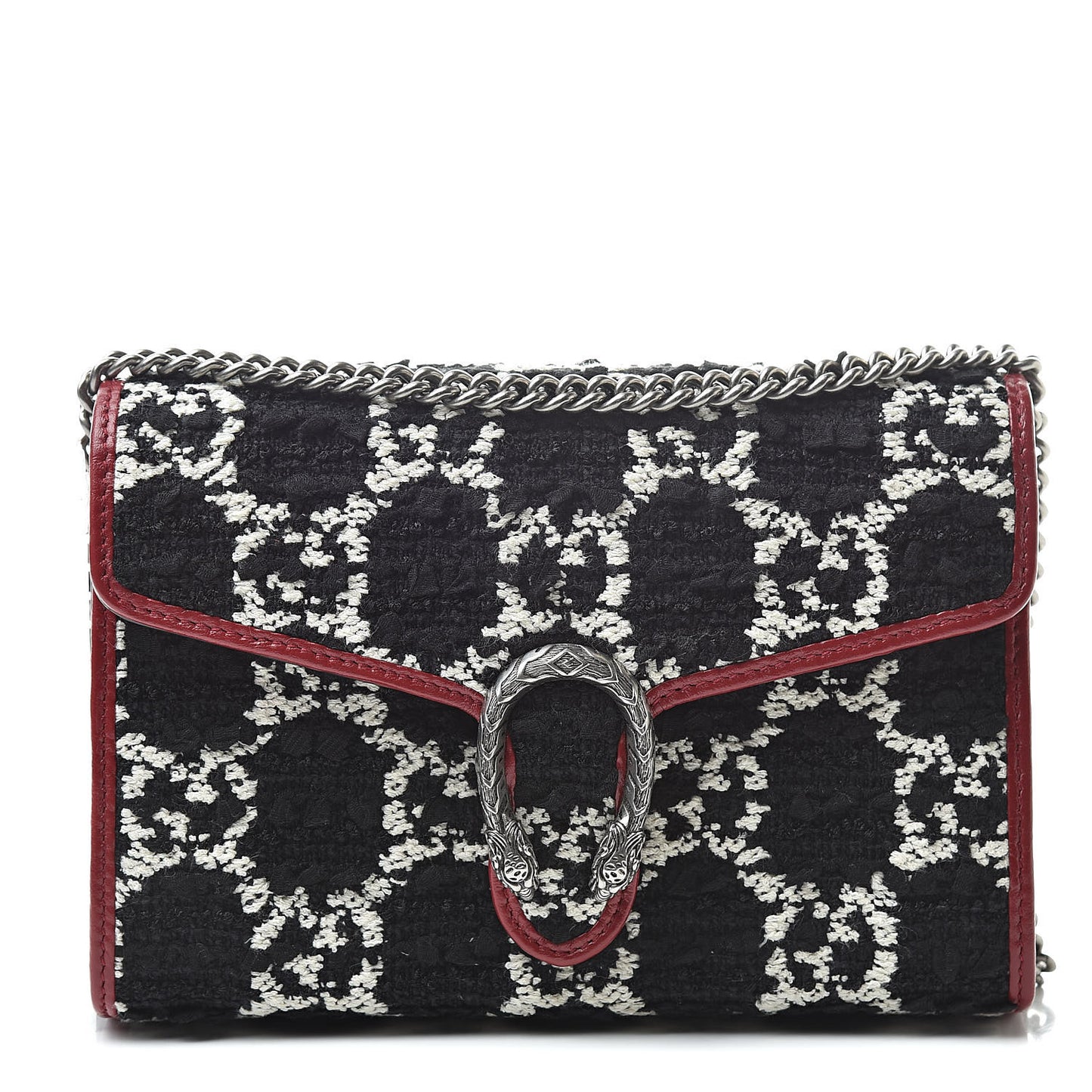 Tweed GG Monogram Mini Dionysus Chain Wallet Black White Romantic Cherry