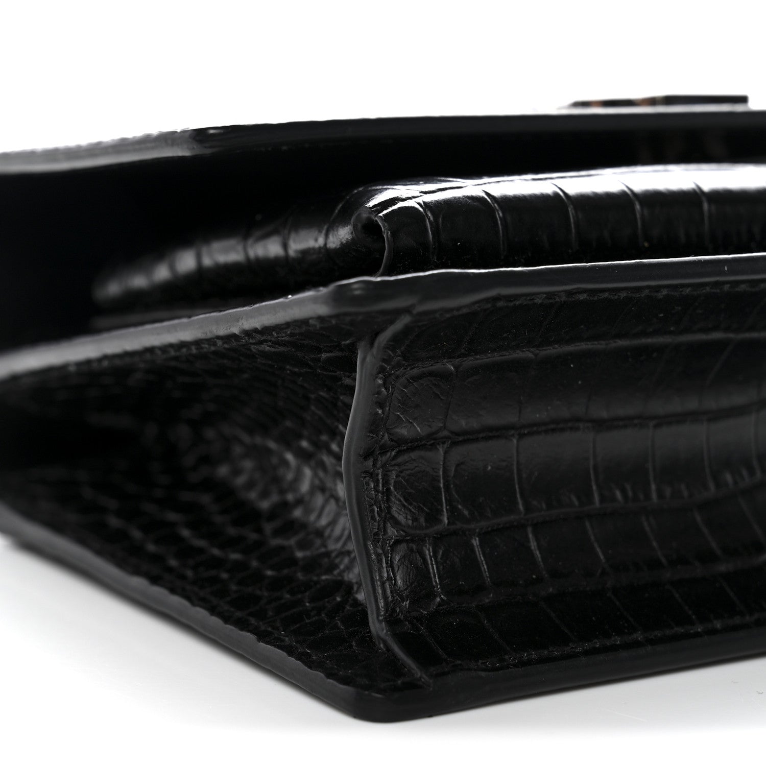 Saint Laurent Calfskin Crocodile Embossed Monogram Sunset Chain Wallet Black 9 of 11