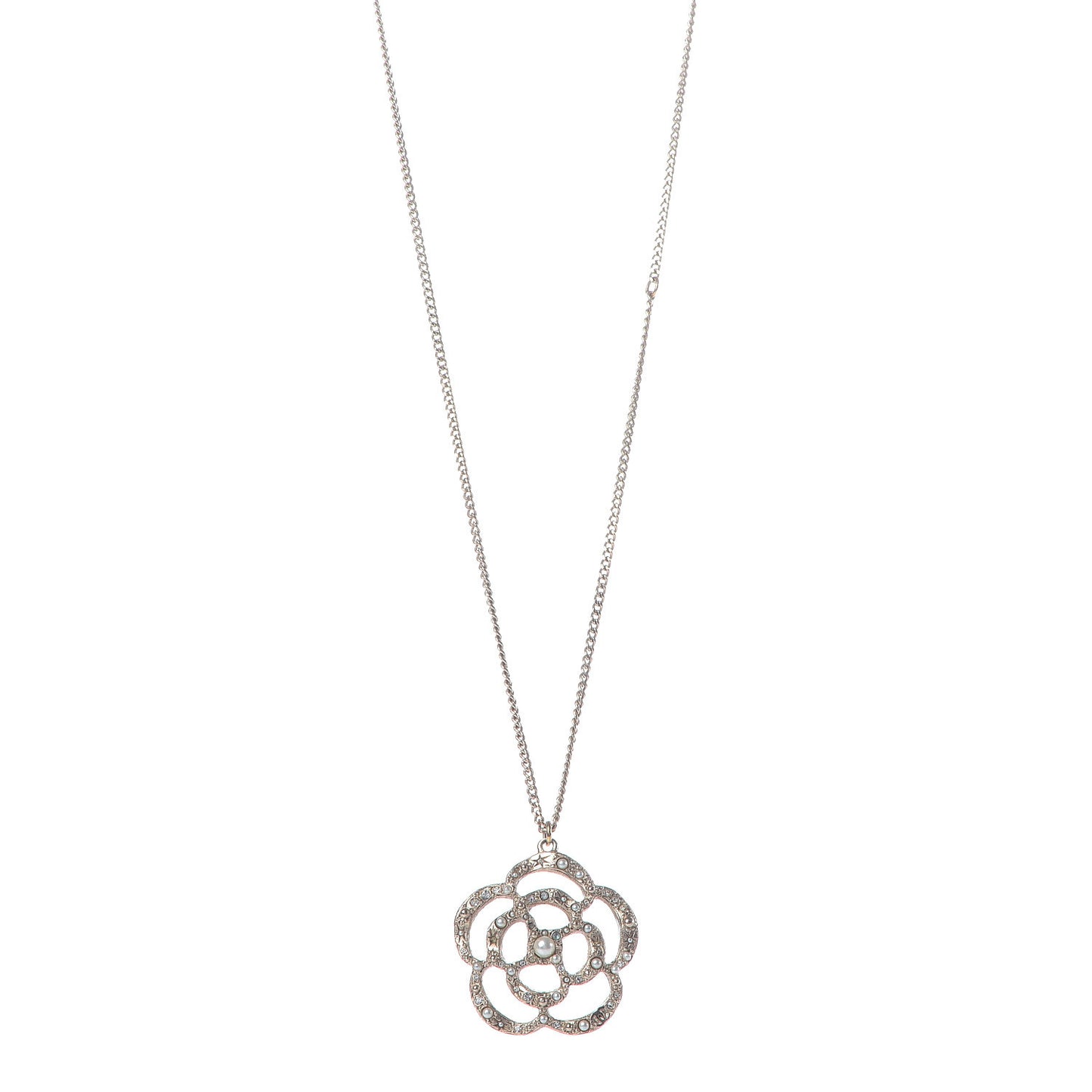 Pearl Crystal Large Camellia Pendant Necklace Light Gold