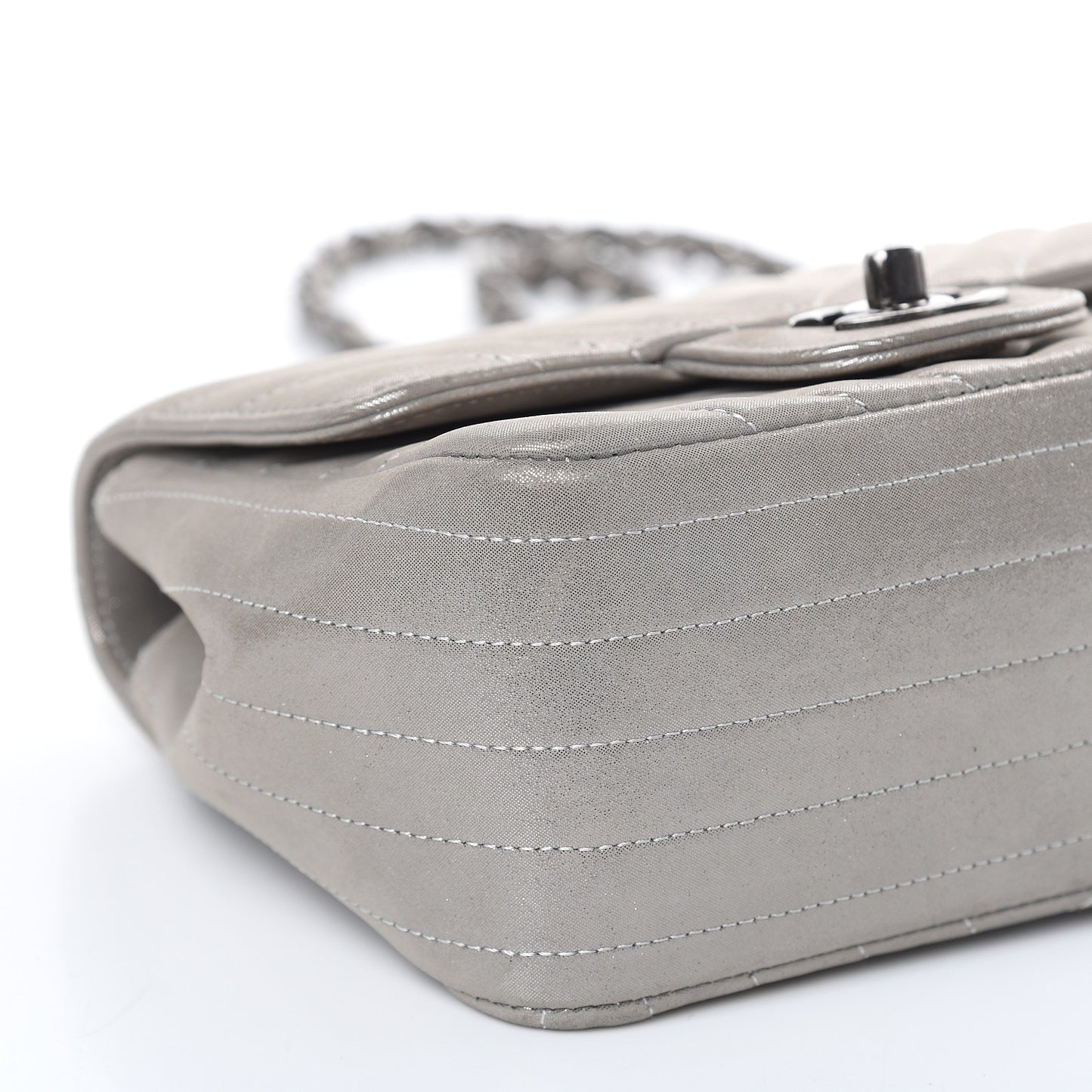 Iridescent Calfskin Chevron Quilted Mini Square Flap Silver