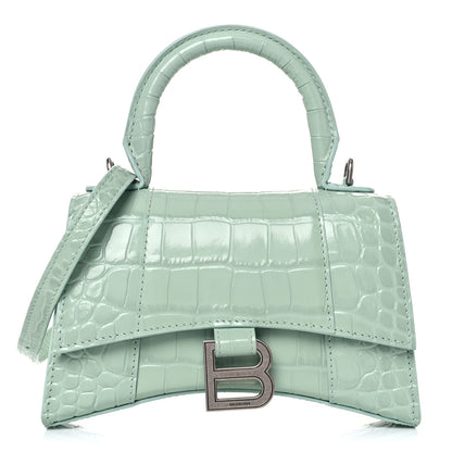 Balenciaga Shiny Calfskin Crocodile Embossed Hourglass Top Handle Bag XS Light Green 1 of 10
