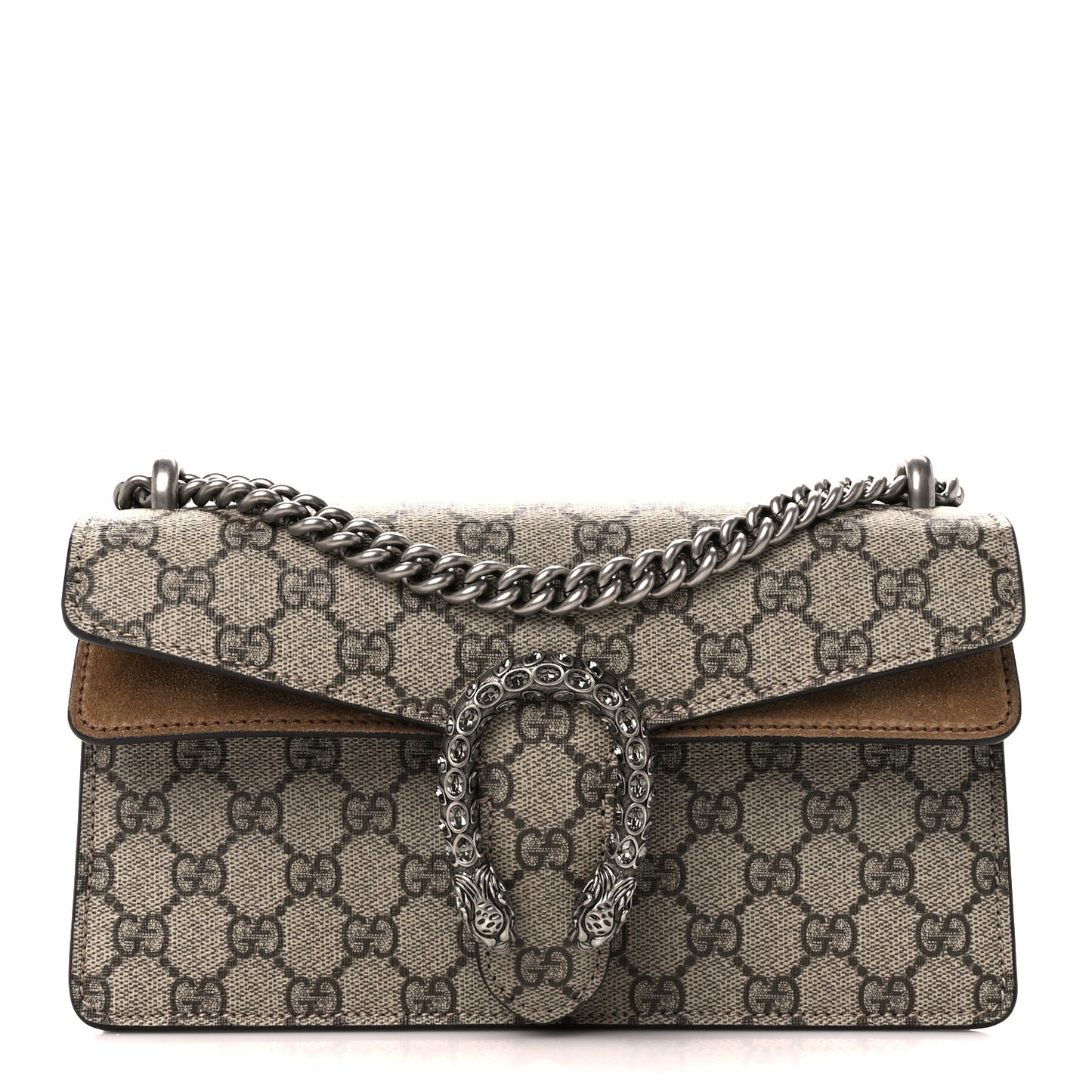 GG Supreme Monogram Suede Crystal Small Dionysus Shoulder Bag Beige Ebony Taupe