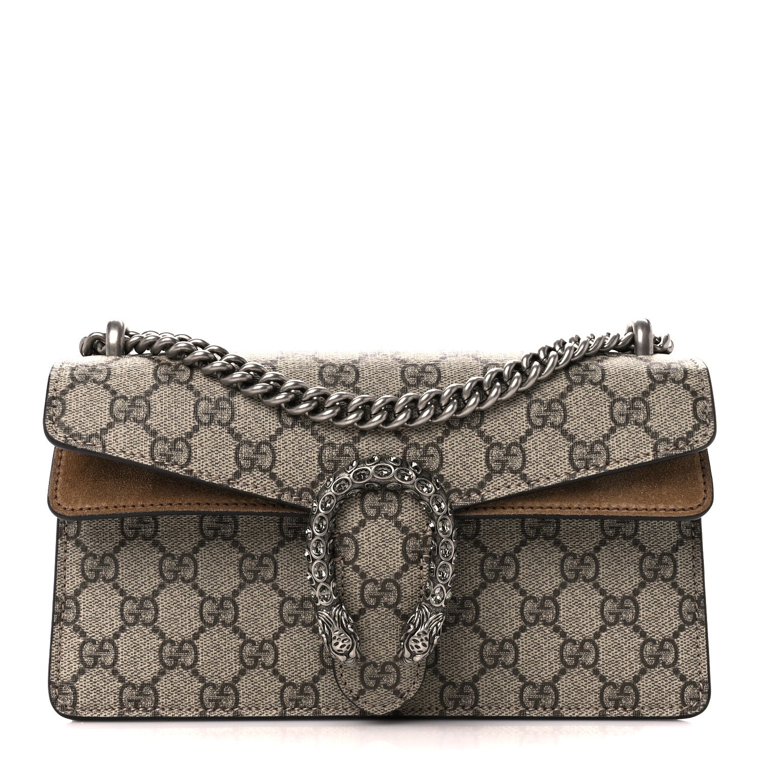 Gucci GG Supreme Monogram Suede Crystal Small Dionysus Shoulder Bag Beige Ebony Taupe 1 of 14