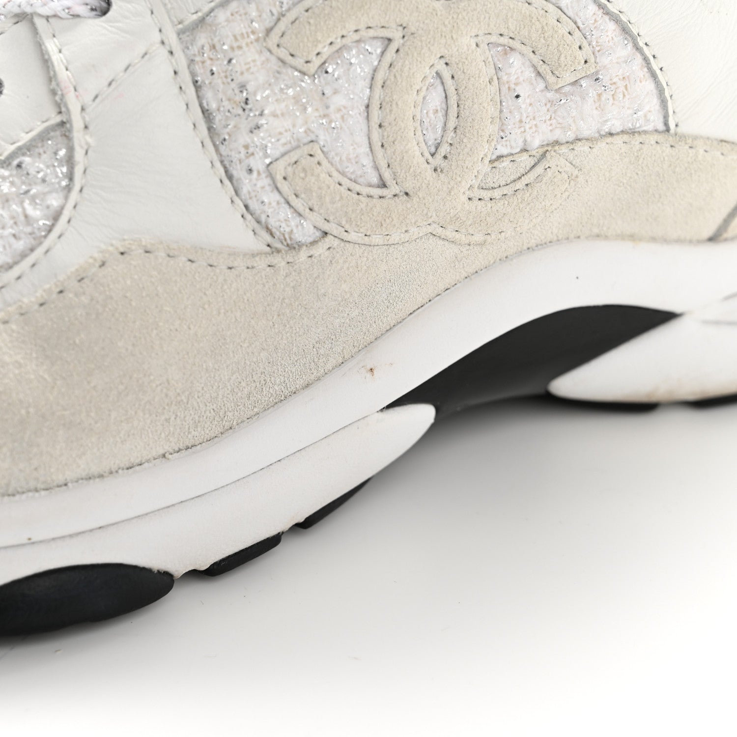 Chanel Painted Iridescent Cotton Tweed Suede Calfskin Womens CC Sneakers 39.5 White Silver Multicolor 12 of 14