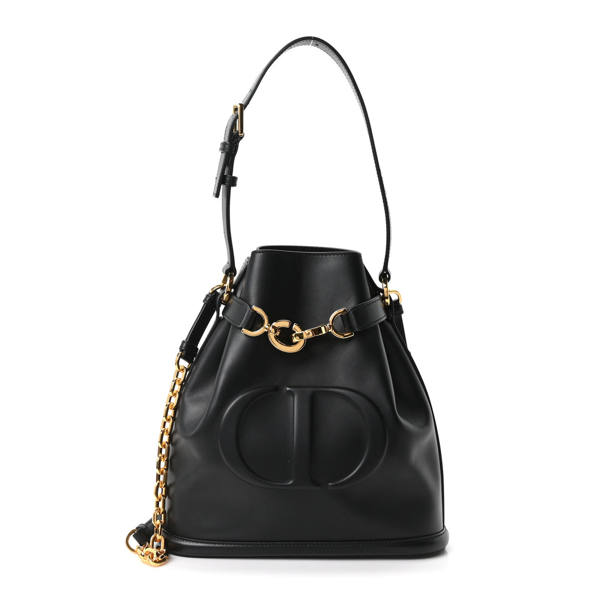 Calfskin CD Embossed Medium C'est Chain Bucket Bag Black