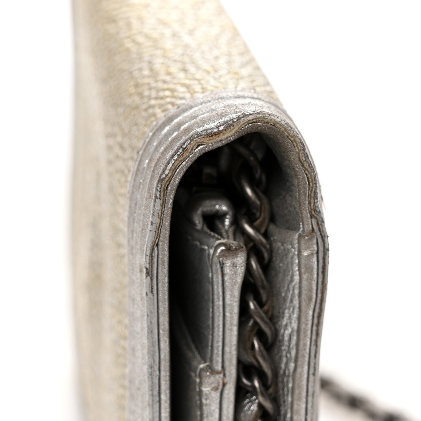 Metallic Galuchat Stingray Lambskin Boy Wallet On Chain WOC Silver