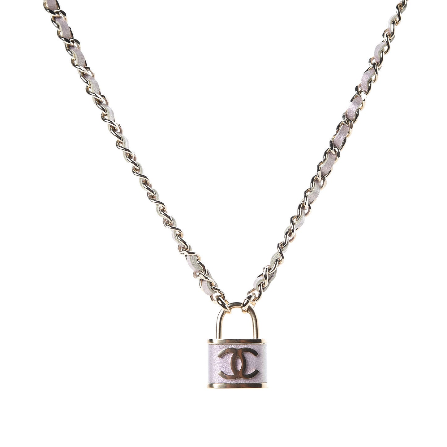 Metal Lambskin Lock Necklace Iridescent Pink