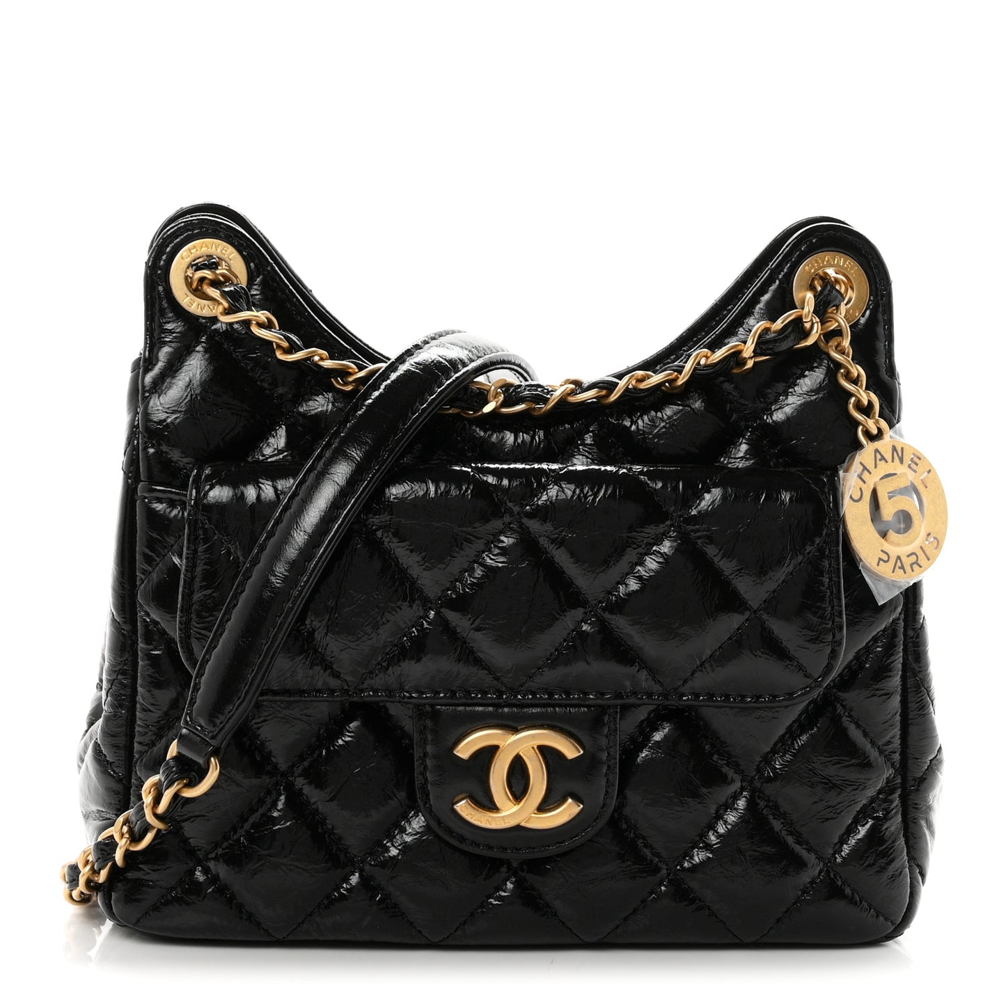 Shiny Crumpled Calfskin Quilted Small Wavy CC Hobo Black