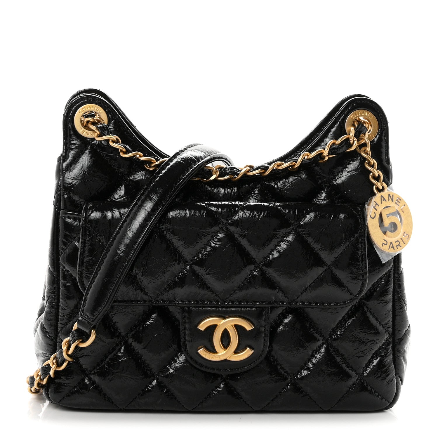 Chanel Shiny Crumpled Calfskin Quilted Small Wavy CC Hobo Black 1 of 10