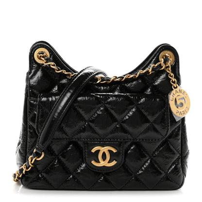 Chanel Shiny Crumpled Calfskin Quilted Small Wavy CC Hobo Black 1 of 10