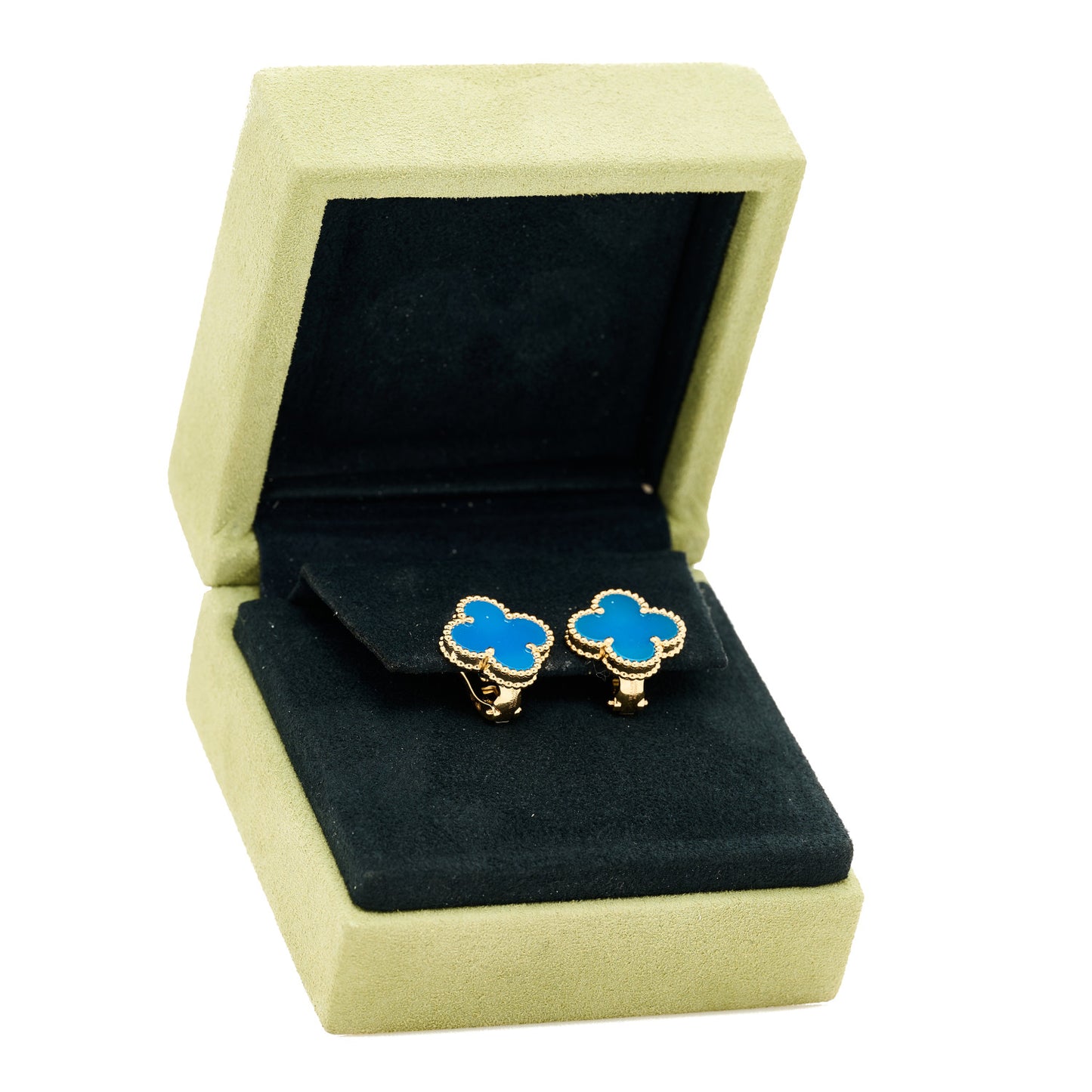 18K Yellow Gold Blue Agate Vintage Alhambra Earrings