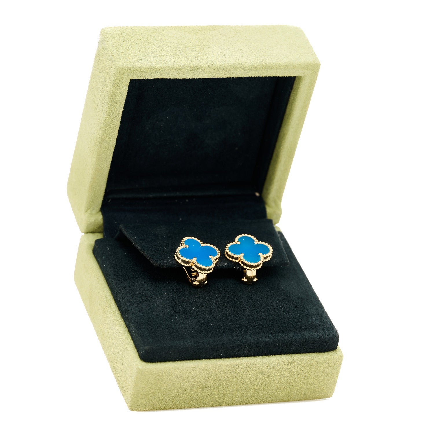 Van Cleef & Arpels 18K Yellow Gold Blue Agate Vintage Alhambra Earrings 5 of 5