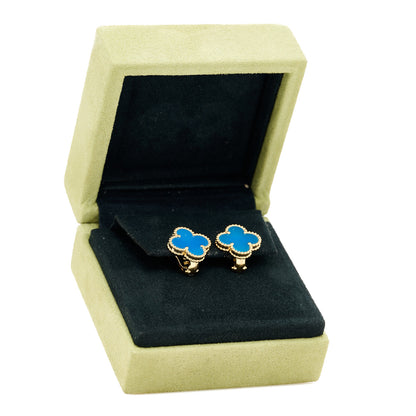 Van Cleef & Arpels 18K Yellow Gold Blue Agate Vintage Alhambra Earrings 5 of 5