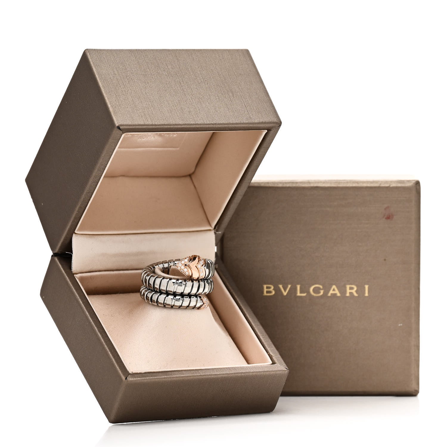 Bulgari Stainless Steel 18K Rose Gold Diamond Serpenti Tubogas Band Ring M 6 of 6