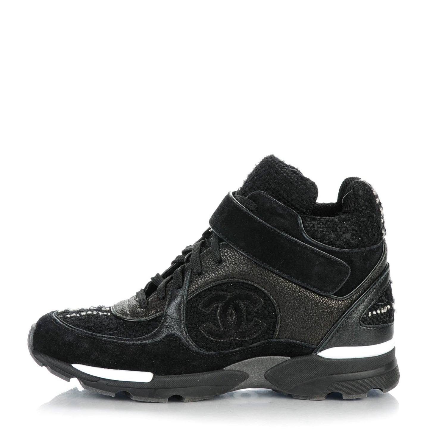 Tweed Suede Goatskin CC High Top Sneakers 37 Black White