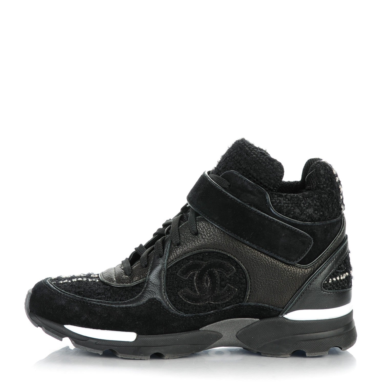 Chanel Tweed Suede Goatskin CC High Top Sneakers 37 Black White 1 of 7