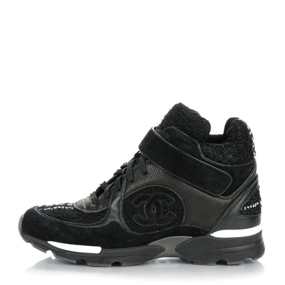 Chanel Tweed Suede Goatskin CC High Top Sneakers 37 Black White 1 of 7