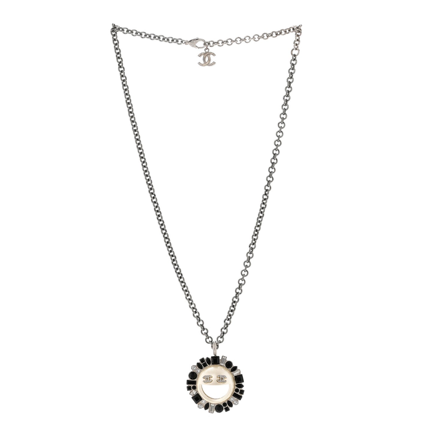 Crystal CC Smiley Emoji Pendant Necklace Silver Black