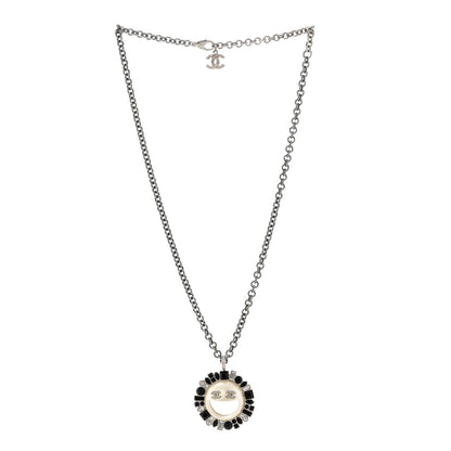 Chanel Crystal CC Smiley Emoji Pendant Necklace Silver Black 3 of 6