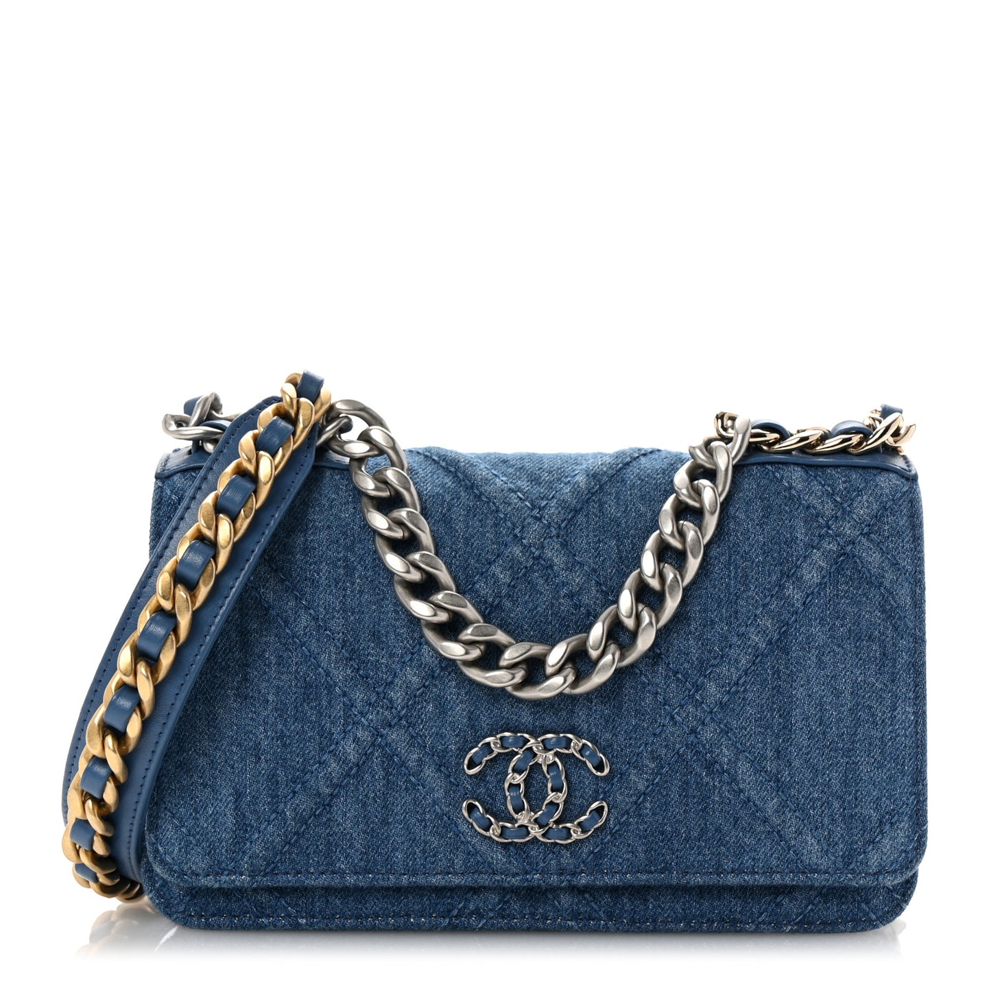 Denim Quilted Chanel 19 Wallet On Chain WOC Blue