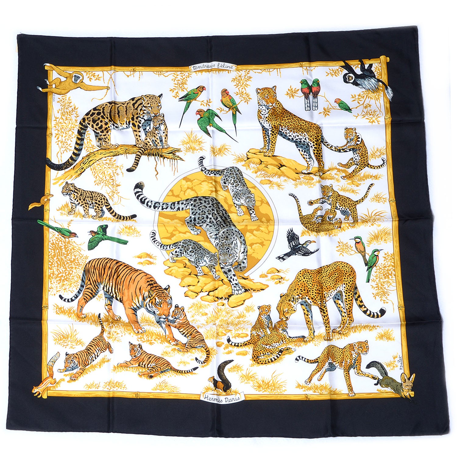 Hermes Silk Tendresse Feline Scarf 90 Black White Vieil Or 2 of 8