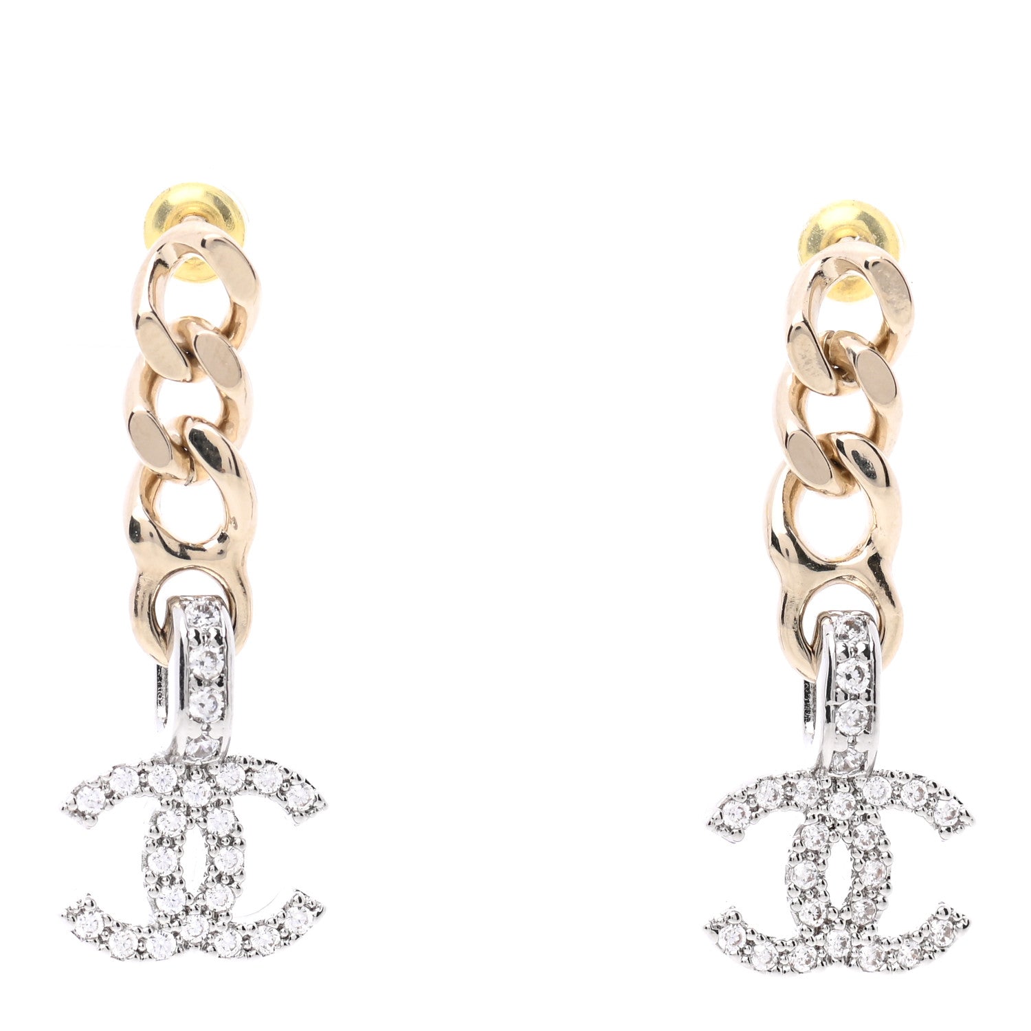 Chanel Metal Crystal CC Chain Drop Earrings Gold 1 of 5
