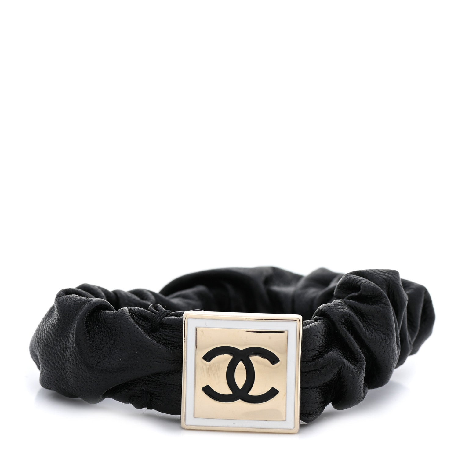 Chanel Lambskin Metal Enamel CC Hair Tie Black Gold 1 of 4