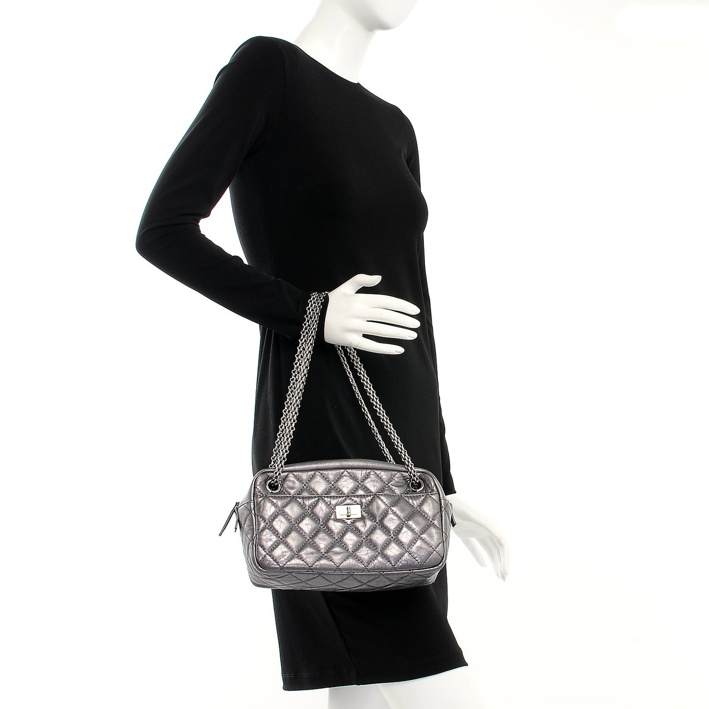 Metallic Aged Calfskin Quilted Small Reissue Camera Case Dark Silver