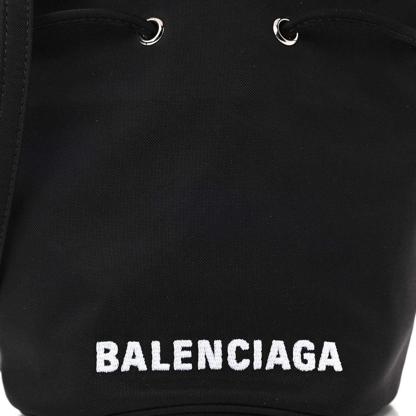 Recycled Sport Nylon Logo Embroidered Wheel Drawstring Bucket Bag Black White