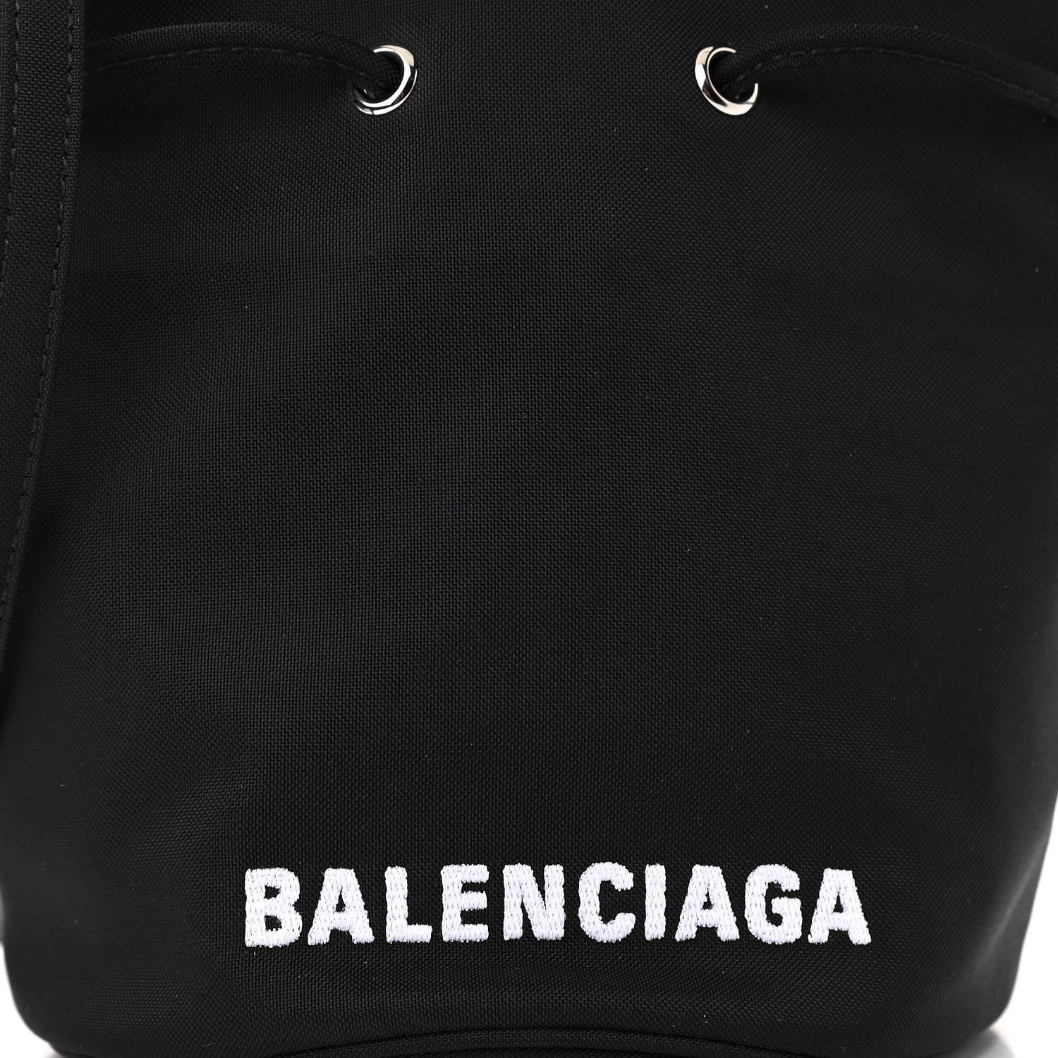Balenciaga Recycled Sport Nylon Logo Embroidered Wheel Drawstring Bucket Bag Black White 8 of 10