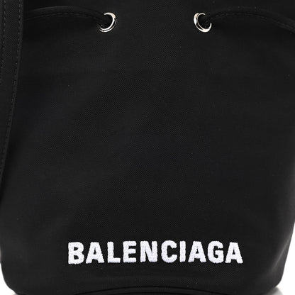Balenciaga Recycled Sport Nylon Logo Embroidered Wheel Drawstring Bucket Bag Black White 8 of 10