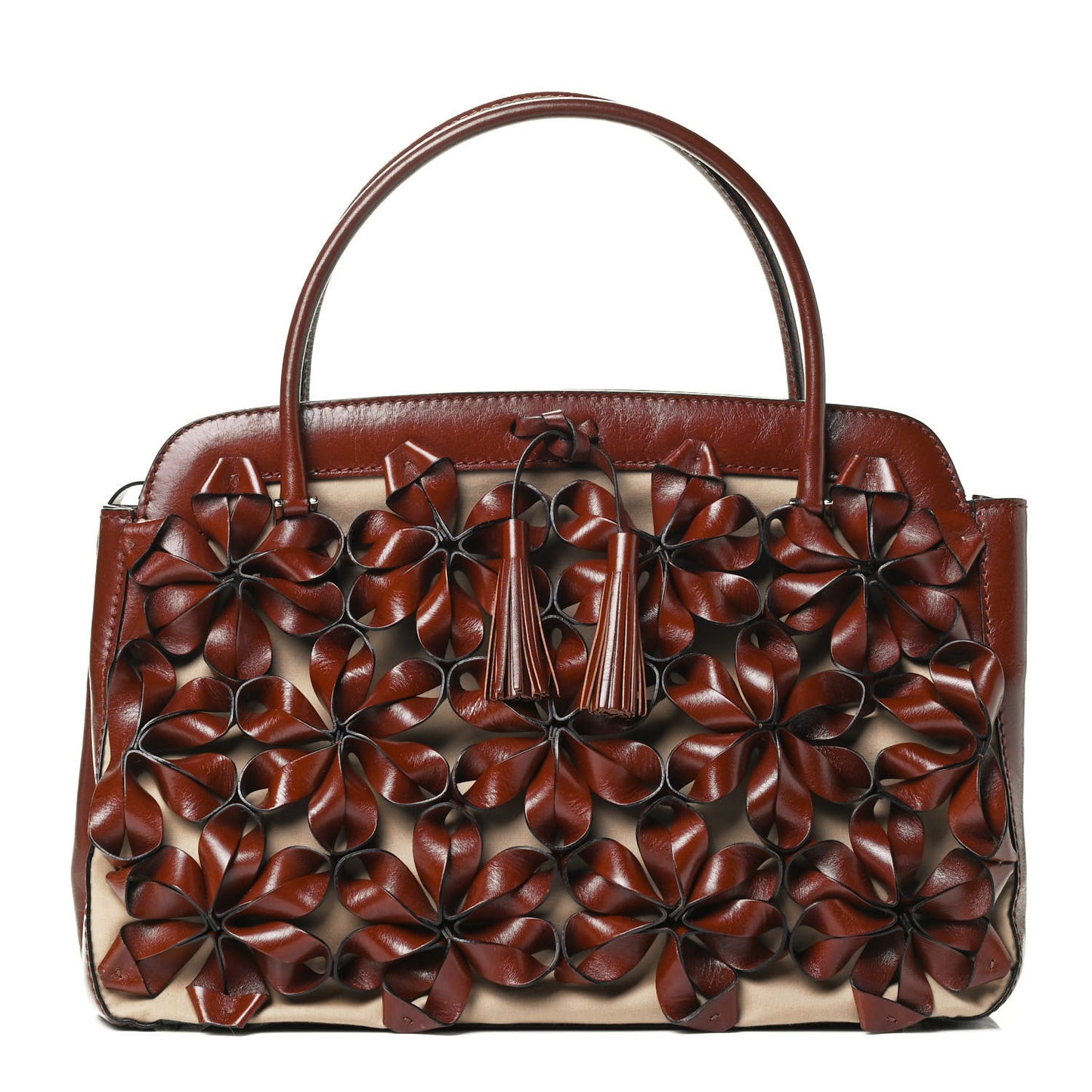 Calfskin Floral Applique Tote Brown